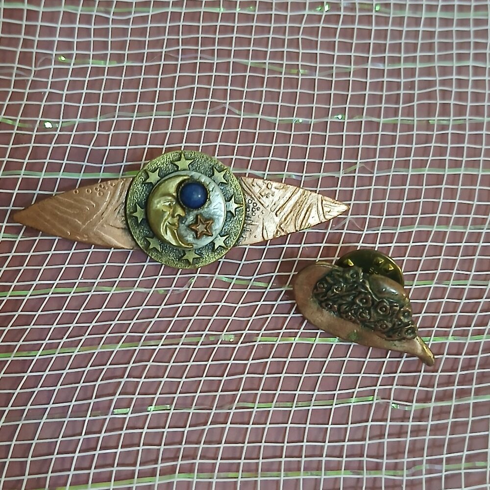Two Vintage Lapel Pins-Copper Brass-Moon, Stars-Hat-Dickson